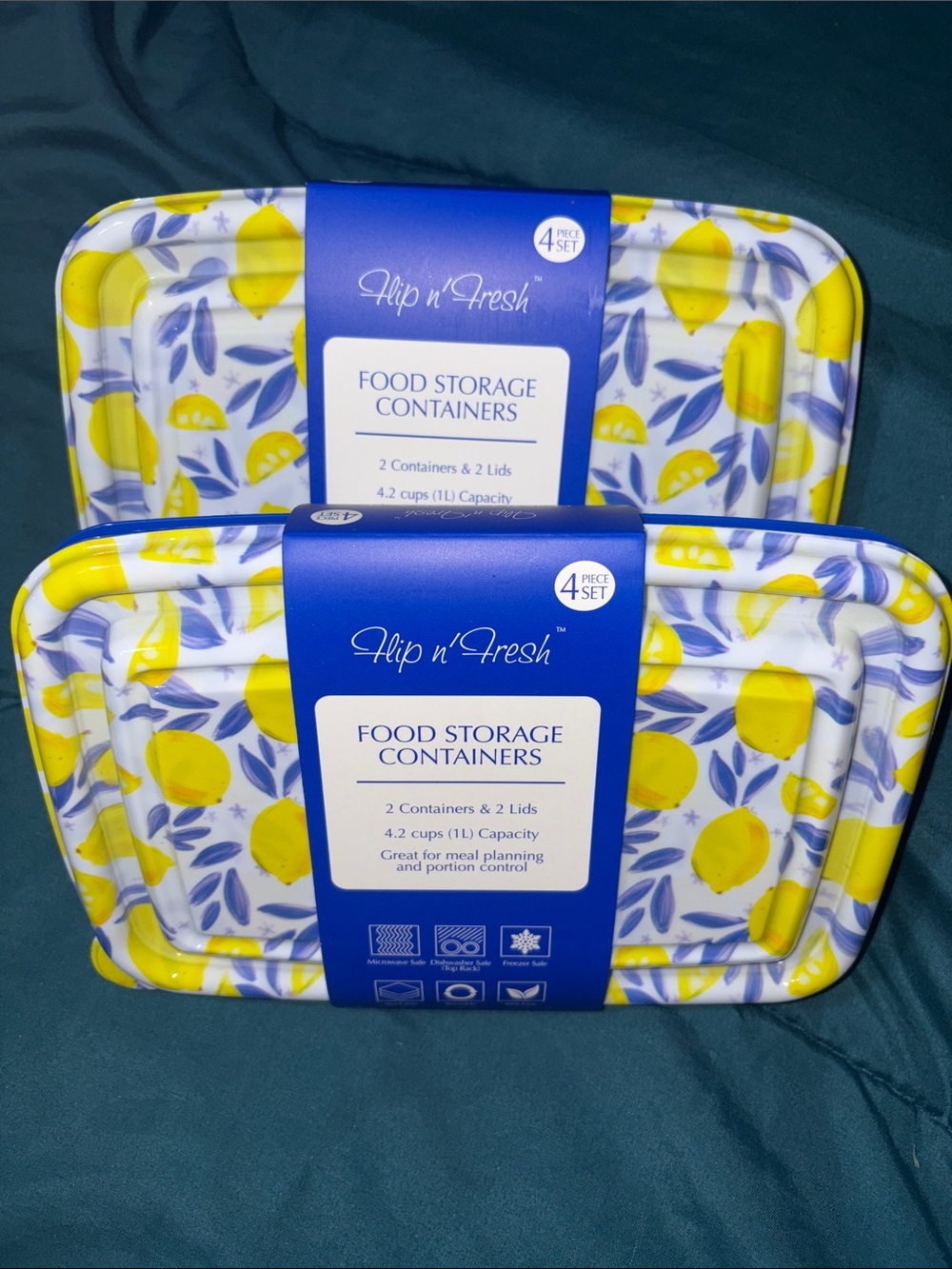 2 pk of 2 - Lemon Pattern Food Storage Containers - Yellow & Blue (4 Sets)